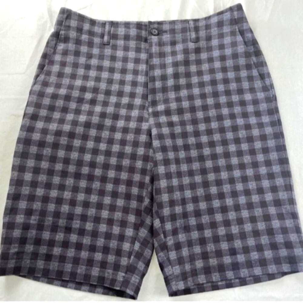 Gray Flat Front Knee-Length Shorts with Gingham Pattern